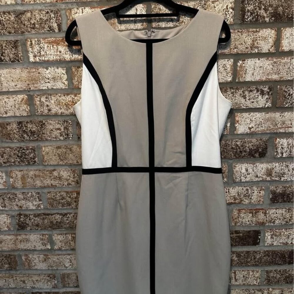 Calvin Klein Khaki Colorblock w/Black Piping Stretch Sheath Dress sz 10